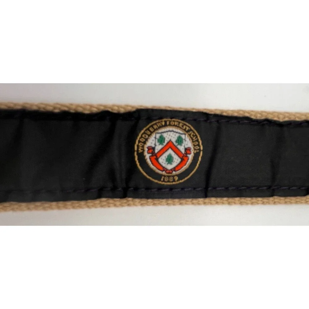 Woodberry Forest School Canvas Ribbon Belt Mens Size 34 Leather Brass Logo VA
